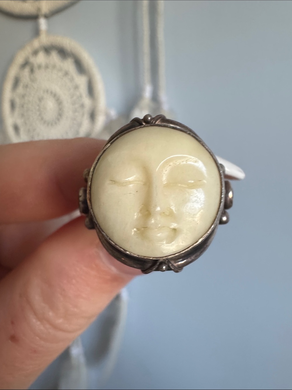 Carved Moon Face Ring in Cream Stone with Silver Tone Setting
